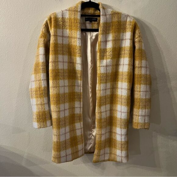 Hot & Delicious Coat Women’s Size Small Yellow And White Plaid Wool Blend Lined - Picture 1 of 8
